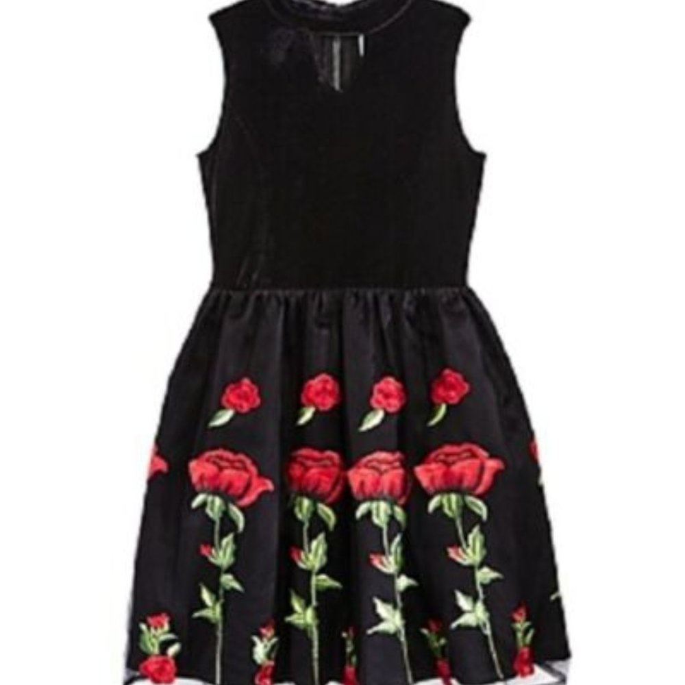 Floral Embroidered Stretch Velvet Dress Girls Sz16